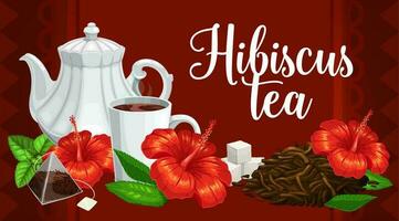 ört- te, hibiskus blomma, tepåsar och tekanna vektor