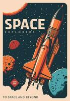 shuttle rymdskepp i galax retro vektor affisch