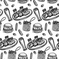Straße Essen nahtlos Muster. Verpackung Papier Design. Gelb Gravur Stil Abbildungen von Burger und Bier. eps10 Vektor Illustration.