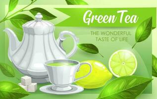 Grün Tee, Limette und Blätter, Tee Topf und Tasse vektor