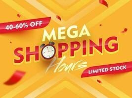 Mega Einkaufen Zeit Std Verkauf Banner oder Poster Design mit Rabatt Angebot auf Gelb Hintergrund. vektor