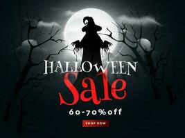 Halloween Verkauf Banner oder Poster Design mit Rabatt Angebot und Silhouette Hexe auf voll Mond Nacht Wald Hintergrund. vektor