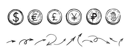 Münzen von das Dollar , Euro, Rubel, Bitcoin. Hand gezeichnet Sammlung isoliert auf Weiß Hintergrund. Vektor Illustration.