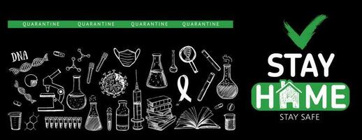 Quarantäne. Pandemie Coronavirus. Coronavirus, DNA, Blut prüfen. bleibe Zuhause bleibe sicher Gekritzel Illustration. Labor Forschung Vektor Hand gezeichnet Symbole Satz.