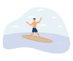 Wasser Sport Konzept, Wasser Skifahren, Surfen und Segeln, aktiv Lebensstil, Sommer- Abenteuer, schwimmen Neoprenanzug, Yacht Verein, eben Vektor modern Illustration