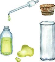 glas flaska med kork, olja släppa och fläck vattenfärg illustration isolerat på vit. transparent flaska, labb bägare, rör för grundläggande oljor hand ritade. design element för märka, paket, omslag vektor