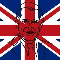 Porträt von Prinz Charles König von England, im Profil Krönung von König Charles iii auf kann 6 2023 Platz Banner mit ein linear Porträt von das König auf das Hintergrund von das britisch Flagge Vektor Banner