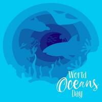 värld oceaner dag. en Semester tillägnad till de skydd och bevarande av de världens hav, vatten Resurser och ekosystem. blå nyanser från skikten i de tema av hav vågor, fisk och växter vektor