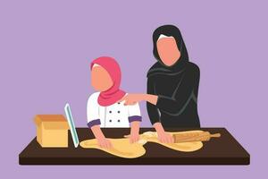 grafisk platt design teckning Lycklig arab mor och dotter matlagning tillsammans medan tittar på handledning från läsplatta eller smartphone. lära sig till laga mat med digital teknologi. tecknad serie stil vektor illustration