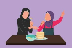 tecknad serie platt stil teckning glad arab mamma och dotter sång medan matlagning ljuv kaka tillsammans, använder sig av spatel som mikrofoner. Lycklig mor och barn på kök. grafisk design vektor illustration