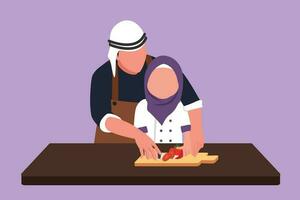 tecknad serie platt stil teckning arab far undervisning dotter till skära grönsaker och frukt. friska mat på Hem. Lycklig familj, pappa och unge matlagning tillsammans i kök. grafisk design vektor illustration