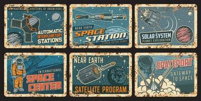Orbital Raum Bahnhof und Satellit rostig Platten vektor
