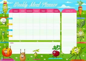 tecknad serie grönsaker på yoga, varje vecka måltid planerare vektor