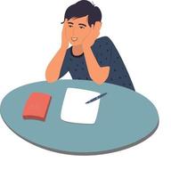 studentpojke sitter vid ett skrivbord. en leende manlig student som sitter vid ett skrivbord skriver ett skolprov. en tonåring gör läxor. vektor platt illustration