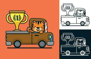 komisch Katze auf LKW Tragen groß Trophäe. Vektor Karikatur Illustration im eben Symbol Stil