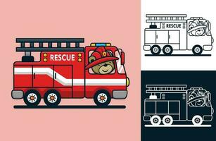 komisch Bär tragen Feuerwehrmann Helm auf Feuerwehrauto. Vektor Karikatur Illustration im eben Symbol Stil