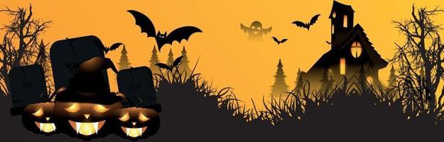 lycklig halloween festbanner med glödande pumpa och flygande fladdermöss vektor