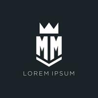 mm logotyp med skydda och krona, första monogram logotyp design vektor