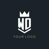 wo Logo mit Schild und Krone, Initiale Monogramm Logo Design vektor