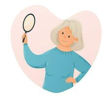 lächelnd alt grau behaart Frau suchen in ein Hand gehaltenen runden Spiegel. selbst Liebe Konzept. Vektor Karikatur isoliert Illustration von ein im Ruhestand Frau im eben Stil.