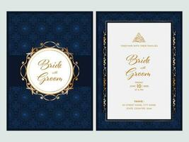 dubbelsidig av islamic bröllop inbjudan kort med arabicum mönster i blå och vit Färg. vektor