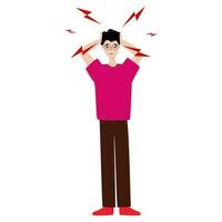 asiatisk man har huvudvärk och migrän. symptom av en viral sjukdom.andningsvägar sjukdom, virus förebyggande. isolerat. vektor illustration.