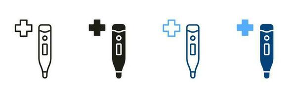 Thermometer Linie und Silhouette Symbol Satz. Celsius, elektronisch Thermometer schwarz und Farbe Symbol Sammlung. medizinisch Werkzeug zum Temperatur Steuerung Piktogramm. isoliert Vektor Illustration.