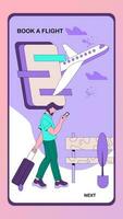 Buchung online Flüge oder Fahrkarte Onboarding Seite Design, Karikatur Vektor Illustration. Handy, Mobiltelefon Anwendung Seite Vorlage zum Fluggesellschaft Tickets Reservierung. Reisen und Tourismus Thema.