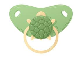 tecknad serie bebis grön napp med en bild av sköldpadda. vektor isolerat platt dummy för sugande.