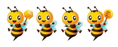 Karikatur süß Biene mit anders posiert Maskottchen einstellen halten Bienenwabe, Honig Schöpflöffel und Sieg Zeichen Geste Vektor Illustration Sammlung