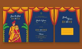 doppelseitig von Hochzeit Einladung Karte Vorlagen mit gesichtslos indisch Paar im traditionell Kleidung und Briefumschlag Illustration. vektor