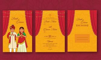 dubbelsidig av bröllop inbjudan kort med indisk par hälsning namaste och kuvert illustration i orange Färg. vektor