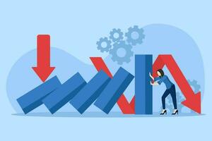 de kvinna karaktär trycker på de domino linje till sluta de kedja reaktion. företag kris förvaltning, risk skydd. affärsman portion sluta faller dominobrickor. försäkring företag, lösa de problem vektor