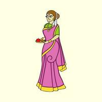 skön indisk lady innehav dyrkan tallrik med äpple och olja belyst lampa på gul bakgrund. vektor