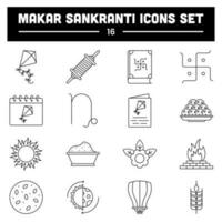 Illustration von Makar Sankranti -16 Symbole einstellen im schwarz Linie Kunst. vektor