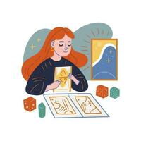 ein jung Mädchen liegt aus Tarot Karten. das Konzept von Divination, Numerologie und Vorhersagen. modern eben Design auf Weiß Hintergrund vektor