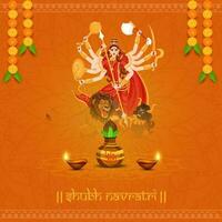 shubh navratri Beschriftung mit zündete Öl Lampen und Blumen- Girlande Mythologie Göttin Durga maa, Anbetung Topf auf Orange Mandala Hintergrund. vektor
