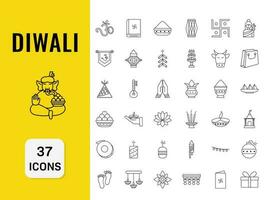 Illustration von geradlinig Diwali Symbole -37 einstellen auf Gelb und Weiß Hintergrund. vektor