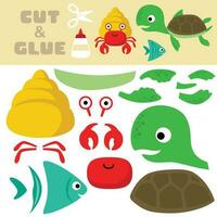 marin djur tecknad serie, eremit krabba, fisk och sköldpadda. utbildning papper spel för barn. Skära ut och limning. vektor tecknad serie illustration