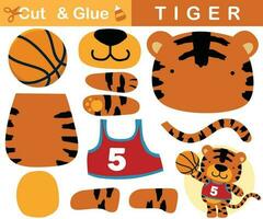 süß Tiger spielen Basketball. Bildung Papier Spiel zum Kinder. ausgeschnitten und Kleben. Vektor Karikatur Illustration