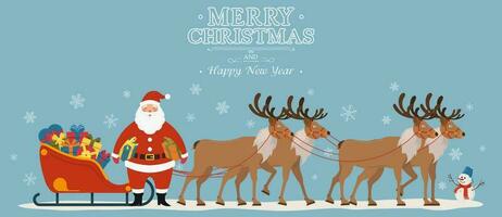 Santa claus auf Schlitten voll von Geschenke mit seine Rentiere. Weihnachten Dekoration. Gruß Karte Poster horizontal Banner. eben Vektor Illustration.