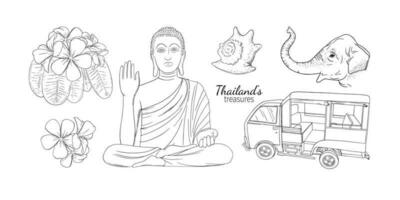 thailand semester symboler med elefant, snäckskal, blommor och buddah. graverat illustration för thailand resor. vektor illustration