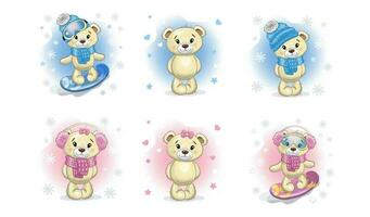 söt teddy björnar vinter- uppsättning. tecknad serie stil illustration. teddy Björn på snowboards, i halsdukar, hattar och värma hörlurar isolerat på vit bakgrund. vektor