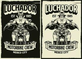 schwarz und Weiß Jahrgang T-Shirt Design von Luchador Motorrad Fahrer vektor