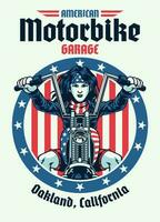 Jahrgang T-Shirt Design amerikanisch Frau Biker Reiten Hubschrauber Motorrad vektor