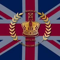 kung charles iii 6 Maj 2023 kröning baner med gyllene krona av de kung på Storbritannien flagga bakgrund. vektor illustration för kort och täcker.