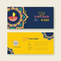 dubbelsidig av diwali festival gåva voucher baner design med belyst olja lampa i blå och gul Färg. vektor