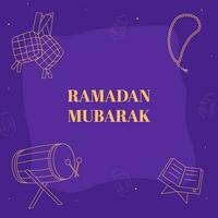 Ramadan Mubarak Konzept mit linear Stil Trommel, Koran rehal, Tasbih, Ketupats auf lila Hintergrund. vektor