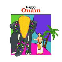 glücklich Onam Poster Design mit gesichtslos Süd Indien Schlagzeuger, Elefant Tier, Palme Baum auf abstrakt Hintergrund. vektor