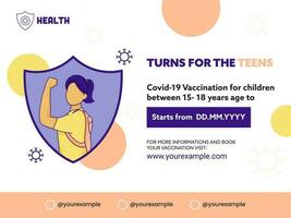 reklam affisch eller baner av covid-19 vaccin tillgängliga för barn mellan 15-18 år ålder. vektor